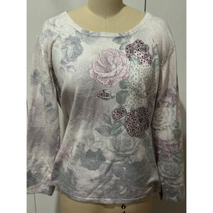 Women's Punt Roma Italian White Purple Floral rhinestone Crew Neck Sweater XL